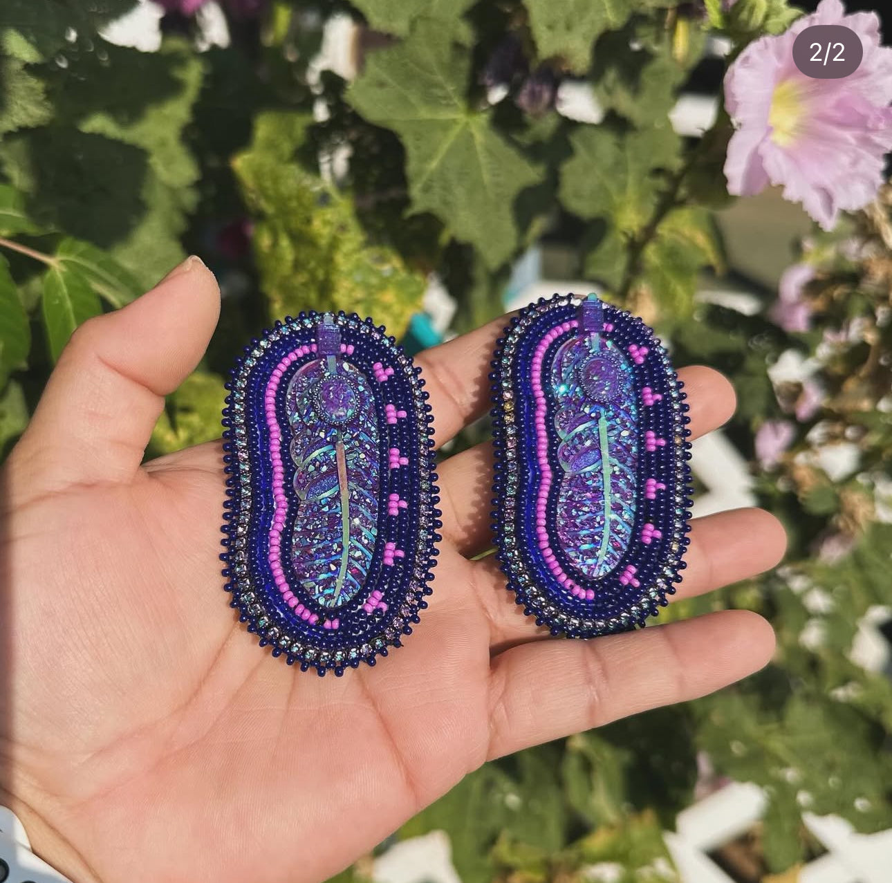 Beaded Purple feather earrings